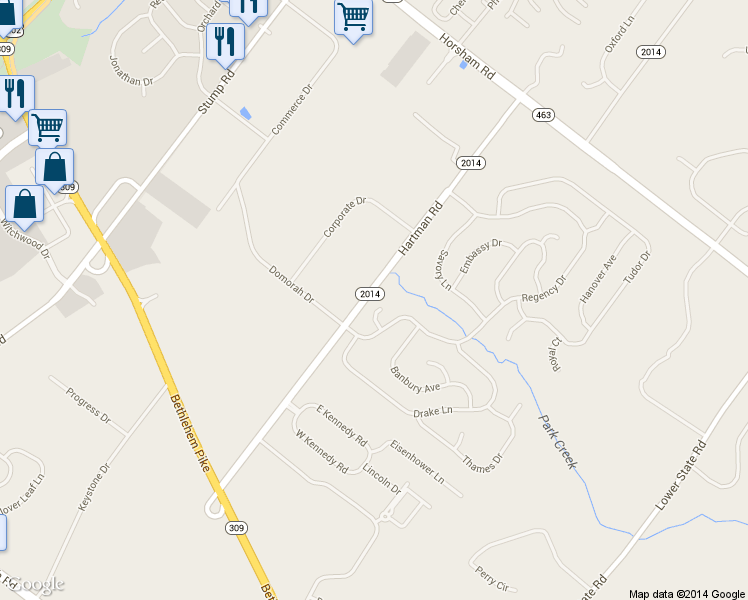 map of restaurants, bars, coffee shops, grocery stores, and more near 107 Citadel Court in North Wales