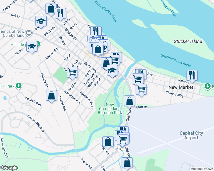 map of restaurants, bars, coffee shops, grocery stores, and more near 151 Reno Avenue in New Cumberland