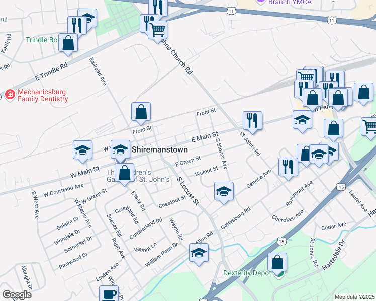 map of restaurants, bars, coffee shops, grocery stores, and more near 100 East Courtland Alley in Shiremanstown