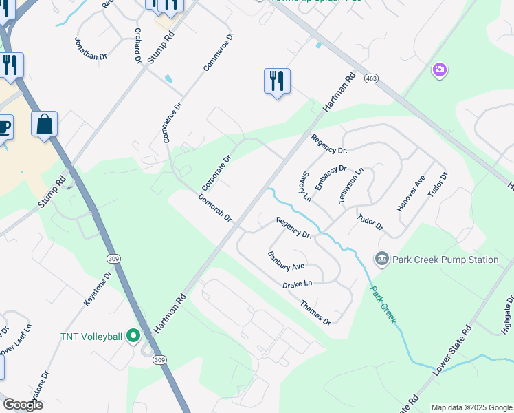 map of restaurants, bars, coffee shops, grocery stores, and more near 107 Citadel Court in North Wales