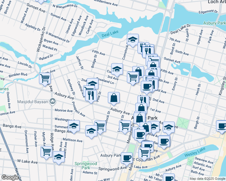 map of restaurants, bars, coffee shops, grocery stores, and more near 1005 Comstock Street in Asbury Park