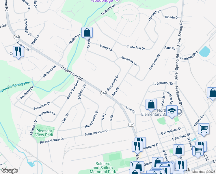 map of restaurants, bars, coffee shops, grocery stores, and more near 4 Raspberry Drive in Mechanicsburg