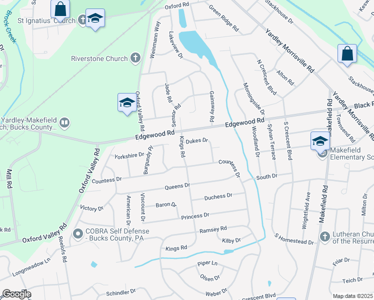 map of restaurants, bars, coffee shops, grocery stores, and more near 632 Kings Road in Yardley