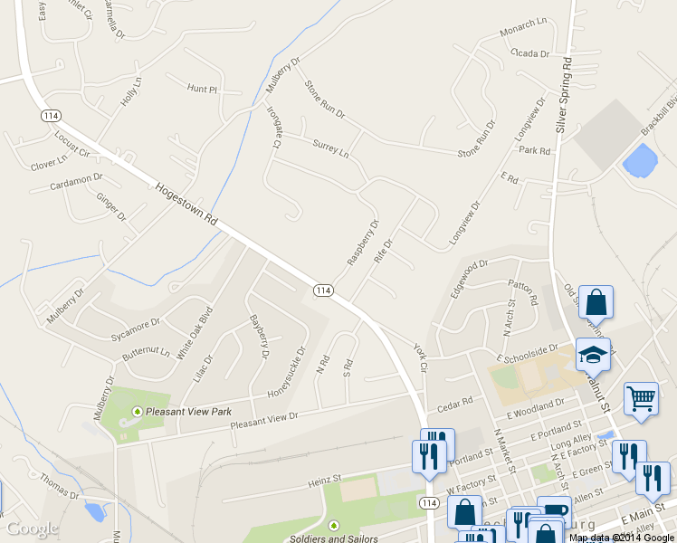 map of restaurants, bars, coffee shops, grocery stores, and more near 4 Raspberry Drive in Mechanicsburg