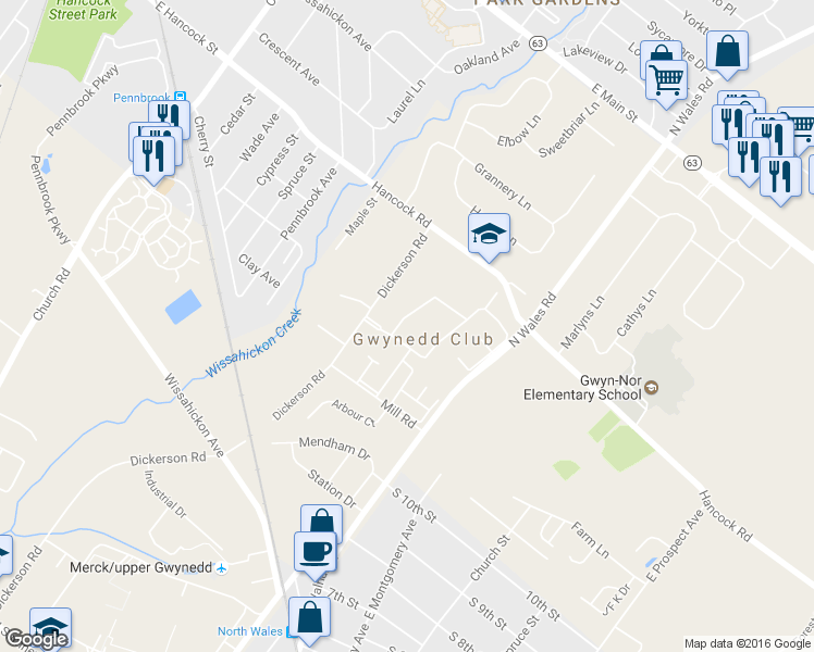 map of restaurants, bars, coffee shops, grocery stores, and more near 50 Shannon Road in North Wales