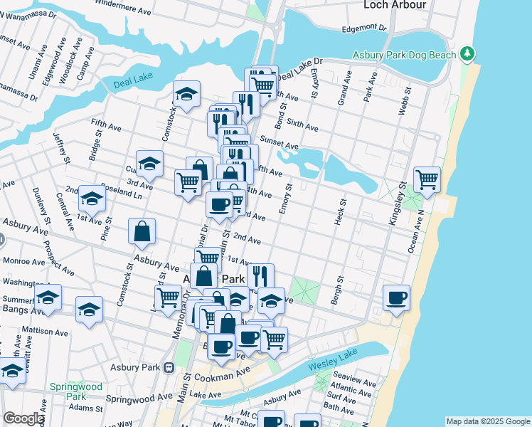 map of restaurants, bars, coffee shops, grocery stores, and more near 610 4th Avenue in Asbury Park