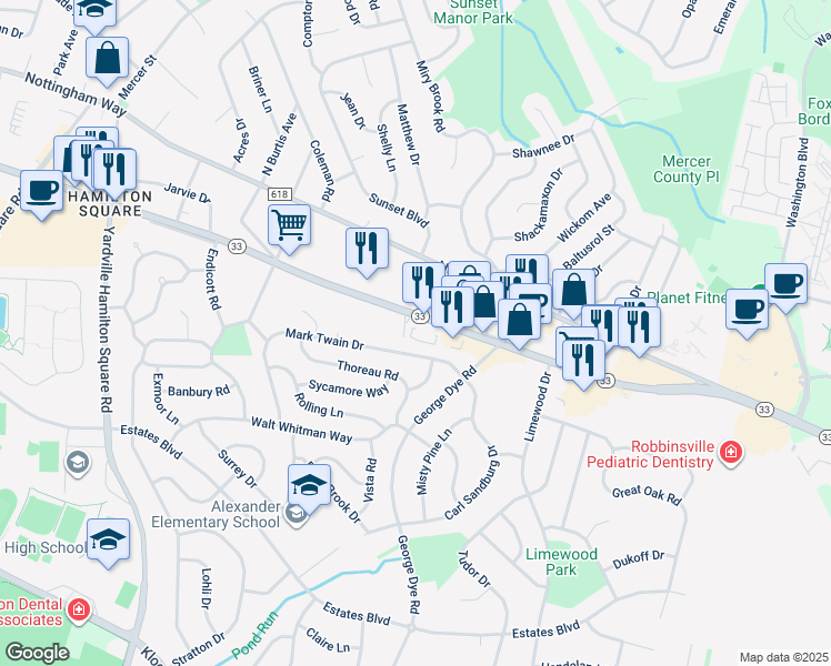 map of restaurants, bars, coffee shops, grocery stores, and more near 1898 New Jersey 33 in Hamilton Township