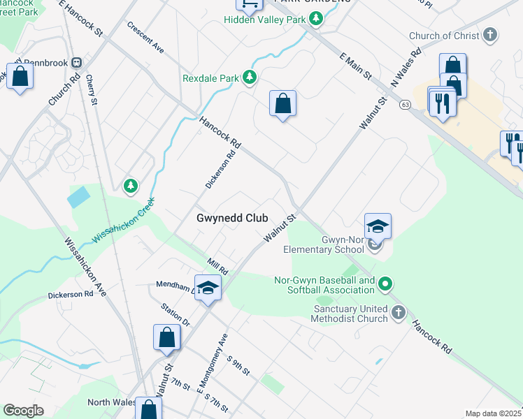 map of restaurants, bars, coffee shops, grocery stores, and more near 6 Wexford Drive in North Wales