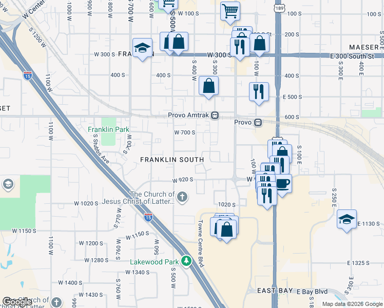 map of restaurants, bars, coffee shops, grocery stores, and more near 756 South 400 West in Provo