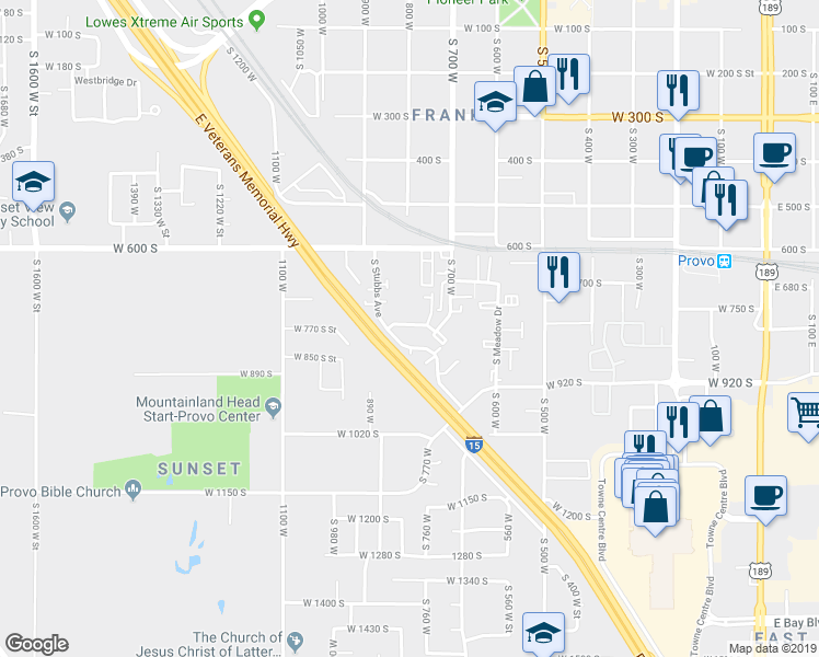 map of restaurants, bars, coffee shops, grocery stores, and more near 712 South 760 West in Provo