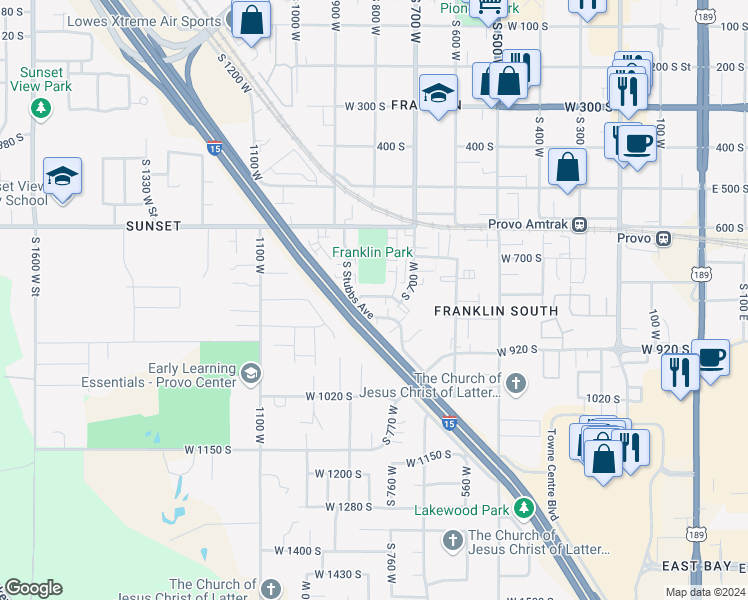 map of restaurants, bars, coffee shops, grocery stores, and more near 717 South Stubbs Avenue in Provo