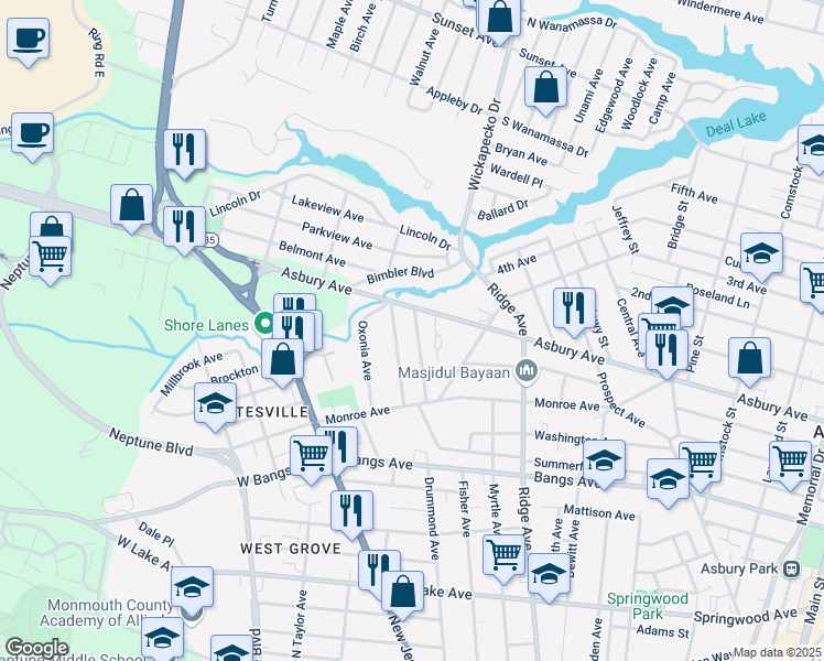 map of restaurants, bars, coffee shops, grocery stores, and more near in Neptune Township