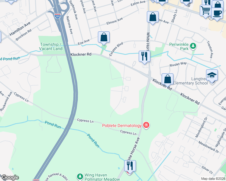 map of restaurants, bars, coffee shops, grocery stores, and more near 1665 Klockner Road in Hamilton Township