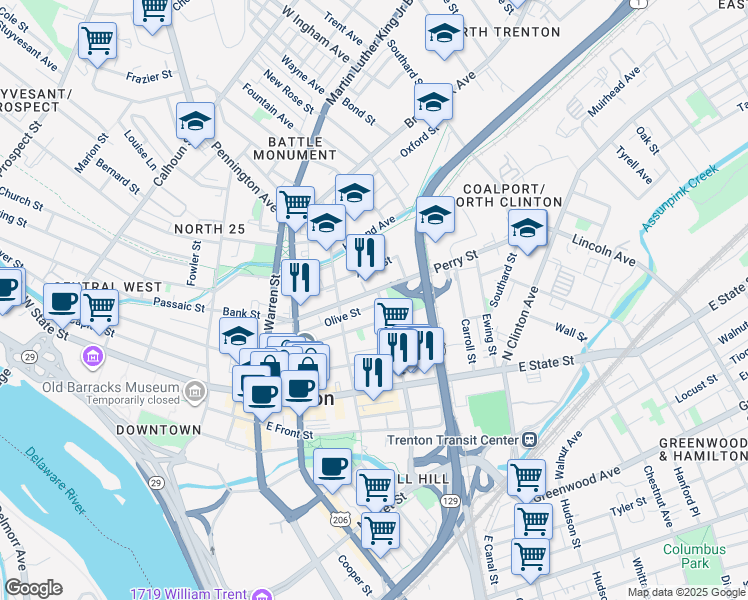 map of restaurants, bars, coffee shops, grocery stores, and more near 234 Perry Street in Trenton