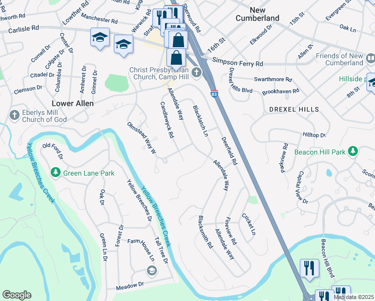 map of restaurants, bars, coffee shops, grocery stores, and more near 3rd Street in Carlisle