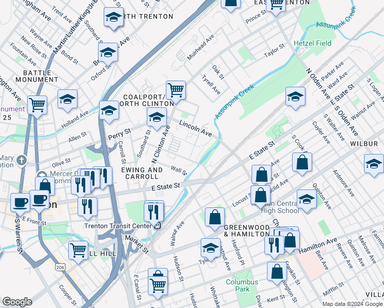 map of restaurants, bars, coffee shops, grocery stores, and more near Model Avenue in Trenton