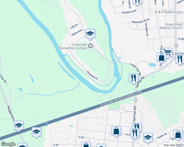 map of restaurants, bars, coffee shops, grocery stores, and more near 80 Channel Drive in Carlisle