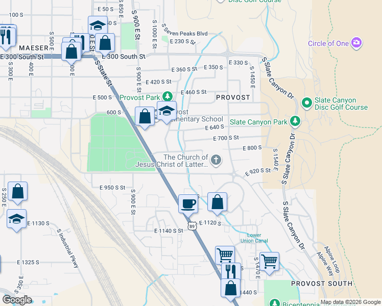 map of restaurants, bars, coffee shops, grocery stores, and more near 1176 East 800 South in Spanish Fork