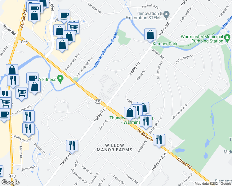 map of restaurants, bars, coffee shops, grocery stores, and more near Valley Road in Warminster