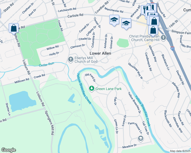 map of restaurants, bars, coffee shops, grocery stores, and more near 130 Old Ford Drive in Camp Hill