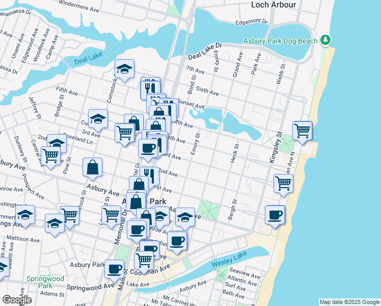 map of restaurants, bars, coffee shops, grocery stores, and more near 610 4th Avenue in Asbury Park