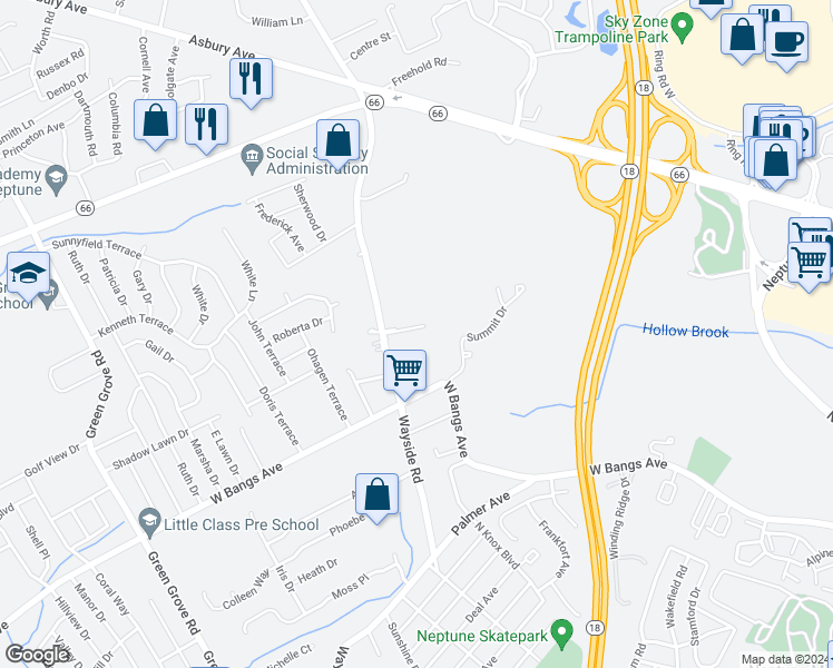 map of restaurants, bars, coffee shops, grocery stores, and more near 5 Fabio Court in Neptune City