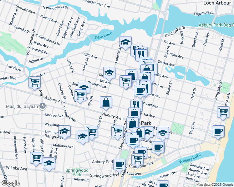 map of restaurants, bars, coffee shops, grocery stores, and more near 1000 3rd Avenue in Asbury Park