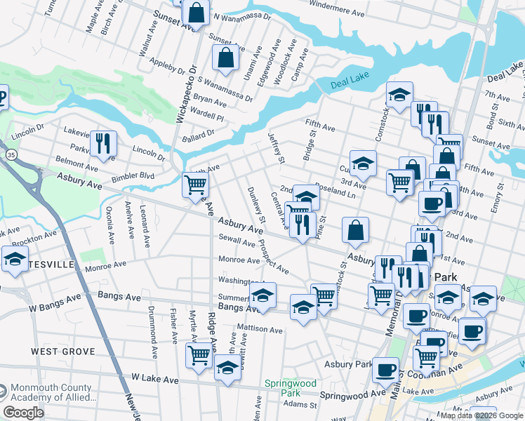 map of restaurants, bars, coffee shops, grocery stores, and more near 822 Dunlewy Street in Asbury Park