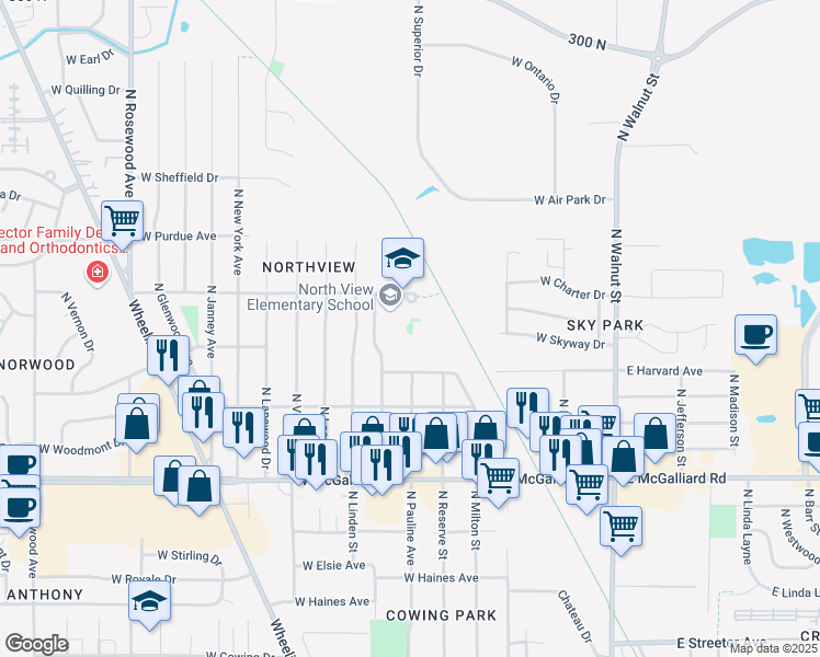 map of restaurants, bars, coffee shops, grocery stores, and more near 807 West Yale Avenue in Muncie