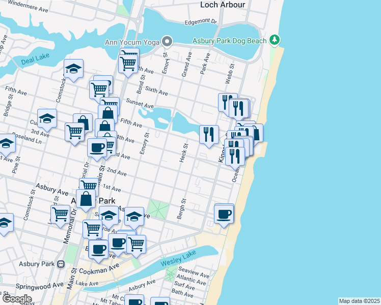 map of restaurants, bars, coffee shops, grocery stores, and more near 1209 Heck Street in Asbury Park