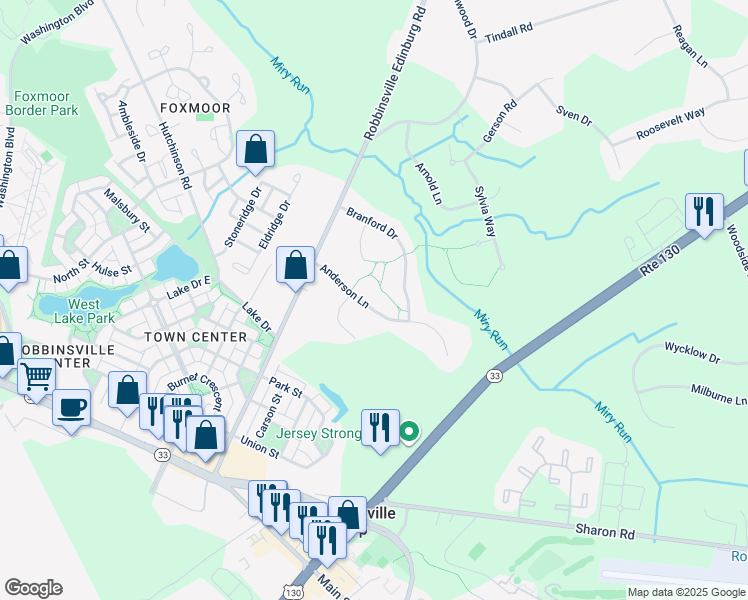 map of restaurants, bars, coffee shops, grocery stores, and more near 7 Anderson Lane in Robbinsville