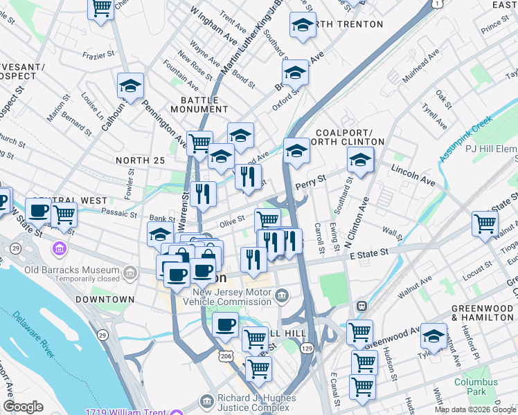 map of restaurants, bars, coffee shops, grocery stores, and more near 320 Perry Street in Trenton