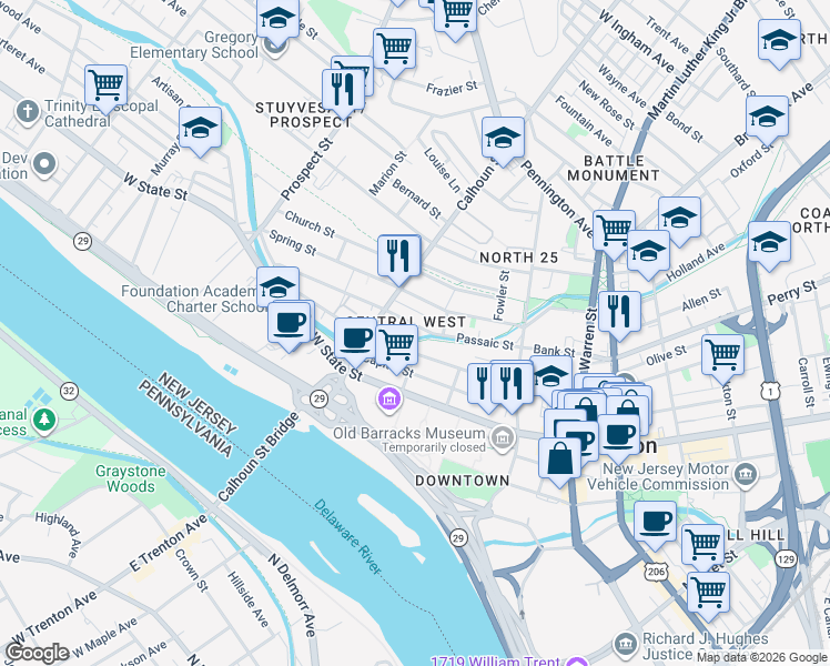 map of restaurants, bars, coffee shops, grocery stores, and more near 76 Passaic Street in Trenton