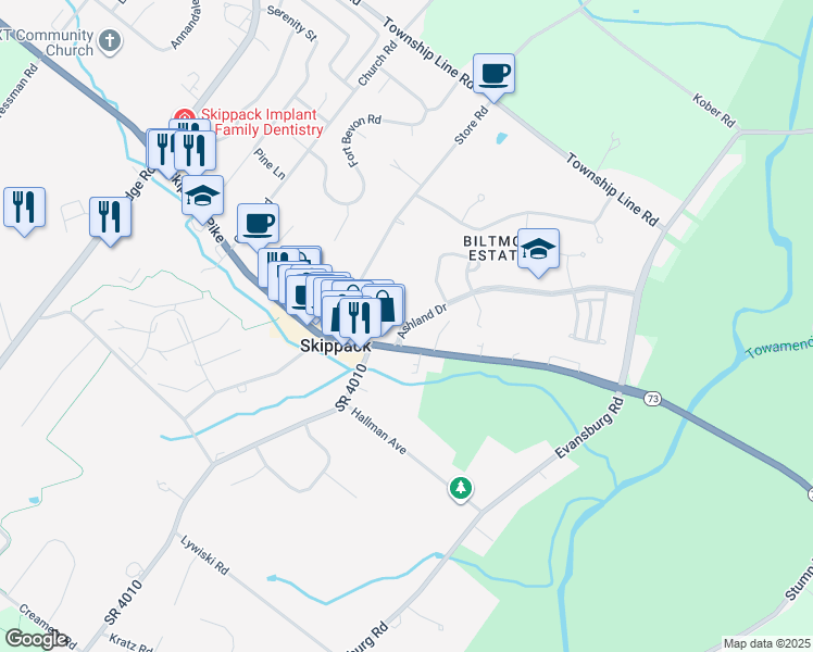 map of restaurants, bars, coffee shops, grocery stores, and more near 2107 Eastport Way in Harleysville
