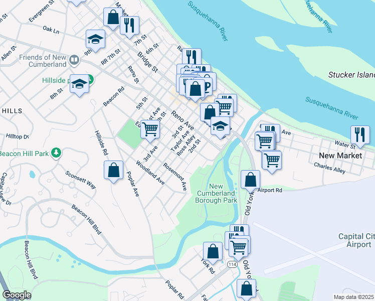 map of restaurants, bars, coffee shops, grocery stores, and more near 222 Geary Avenue in New Cumberland