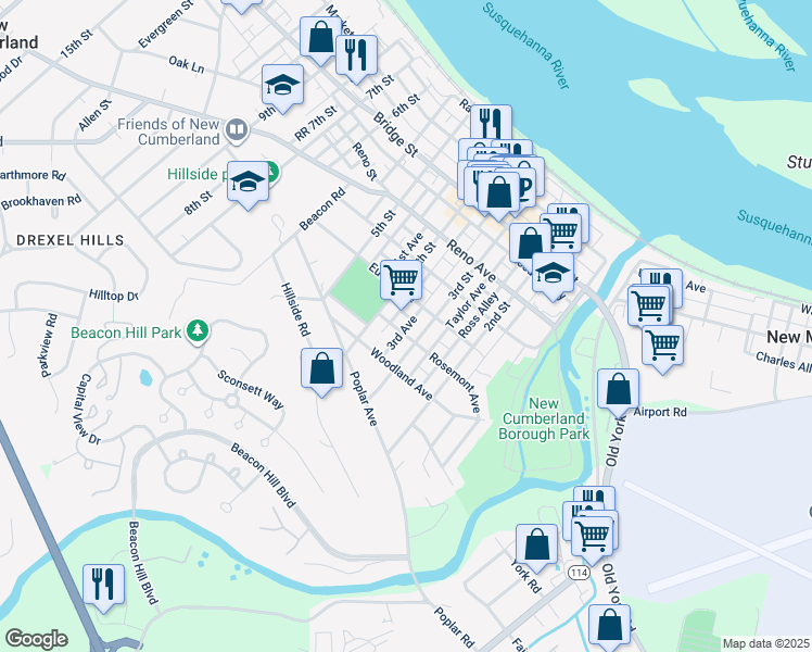 map of restaurants, bars, coffee shops, grocery stores, and more near 620 4th Street in New Cumberland