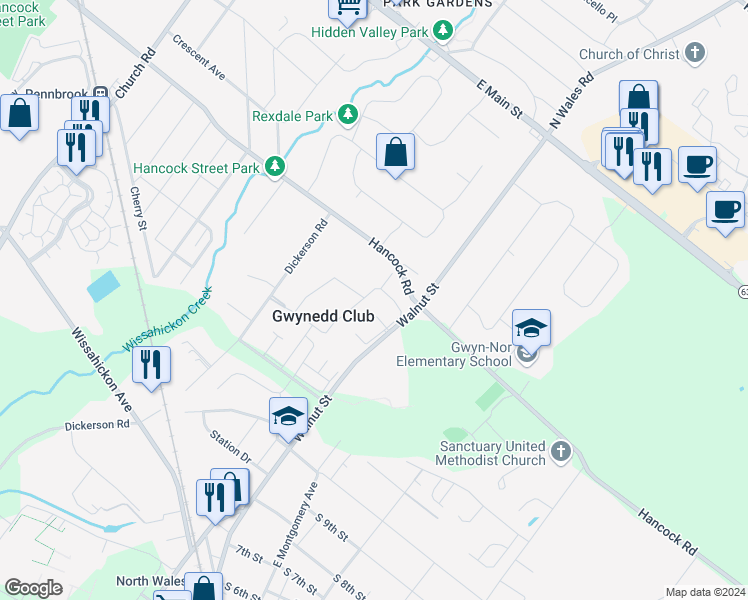 map of restaurants, bars, coffee shops, grocery stores, and more near 26 Derry Drive in North Wales