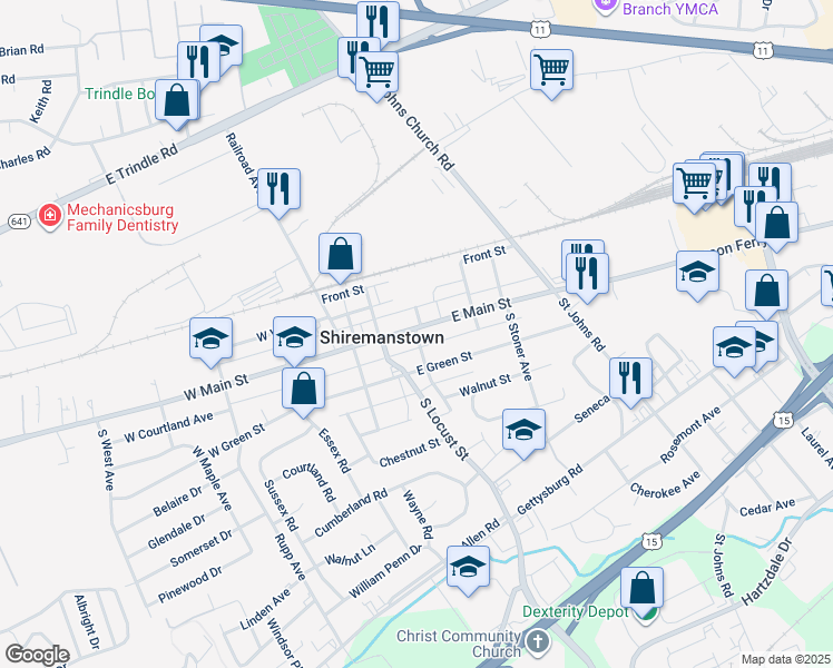 map of restaurants, bars, coffee shops, grocery stores, and more near 1 South Spruce Street in Shiremanstown