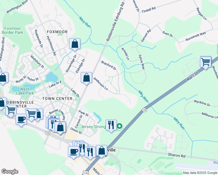 map of restaurants, bars, coffee shops, grocery stores, and more near 7 Anderson Lane in Robbinsville
