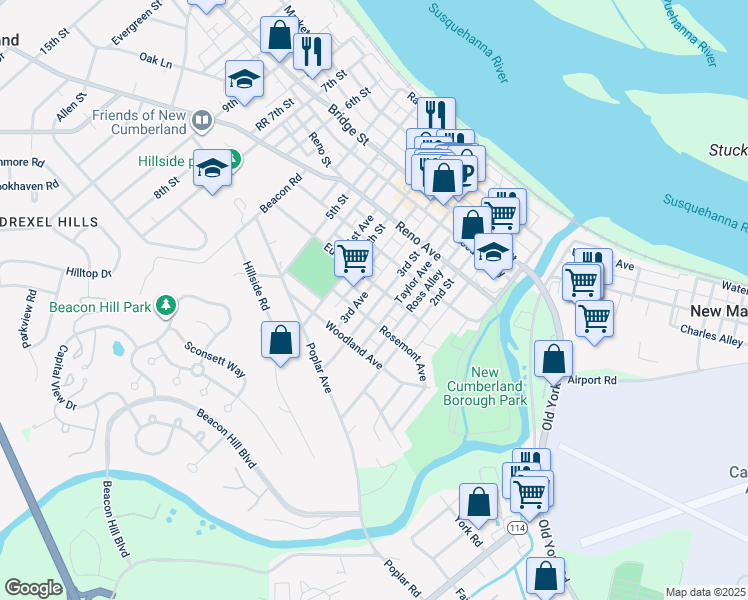 map of restaurants, bars, coffee shops, grocery stores, and more near 609 3rd Street in New Cumberland