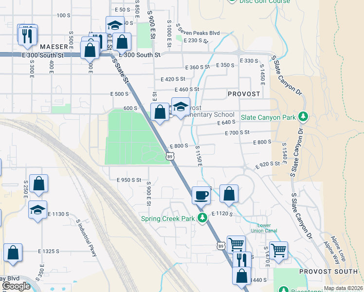 map of restaurants, bars, coffee shops, grocery stores, and more near 1090 Utah Avenue in Provo