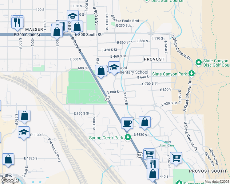 map of restaurants, bars, coffee shops, grocery stores, and more near 1150 Utah Avenue in Provo