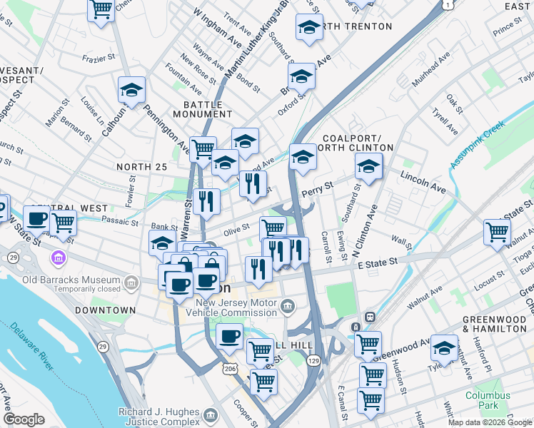 map of restaurants, bars, coffee shops, grocery stores, and more near 320 Perry Street in Trenton