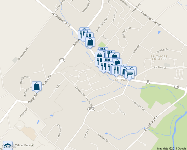map of restaurants, bars, coffee shops, grocery stores, and more near 3924 Gatehouse Lane in Skippack