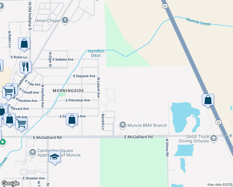 map of restaurants, bars, coffee shops, grocery stores, and more near 3716 Harvest Drive in Muncie