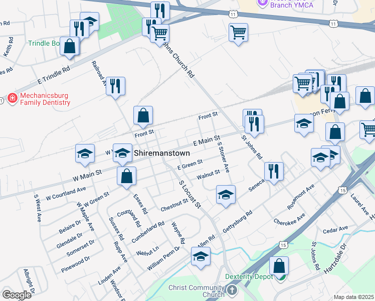 map of restaurants, bars, coffee shops, grocery stores, and more near 222 E Main St in Shiremanstown