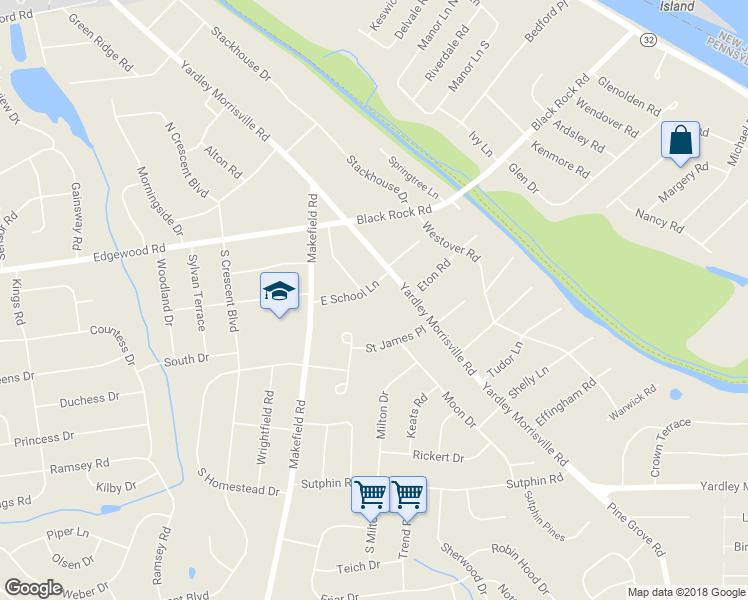 map of restaurants, bars, coffee shops, grocery stores, and more near 5 East School Lane in Yardley
