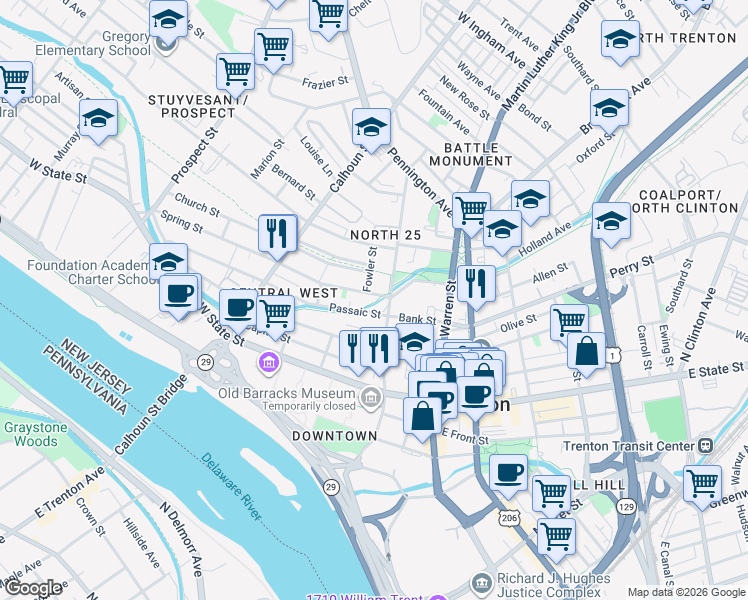 map of restaurants, bars, coffee shops, grocery stores, and more near 34 Spring Street in Trenton