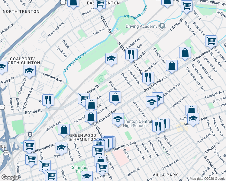 map of restaurants, bars, coffee shops, grocery stores, and more near 409 Walnut Avenue in Trenton