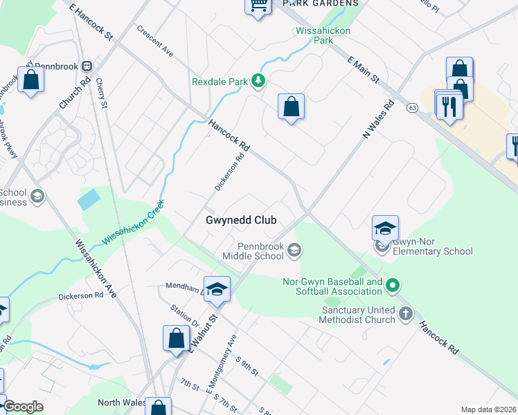 map of restaurants, bars, coffee shops, grocery stores, and more near 46 Shannon Road in North Wales